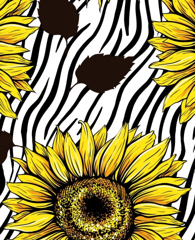 Wasserdichter Stoff Sonnenblumen und Zebrastreifen auf einem schwarz-weißen Hintergrund