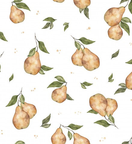 Satin cotton watercolor pattern with pears and leaves