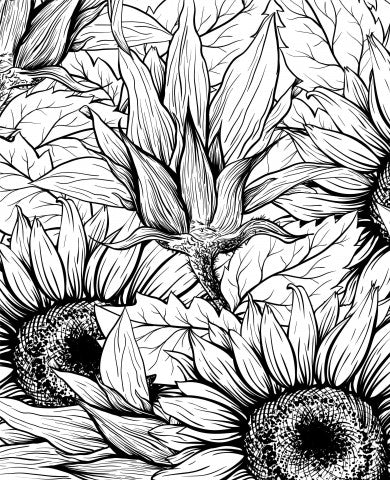 Wasserdichter Stoff eine schwarz-weiße Zeichnung von Sonnenblumen