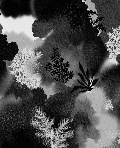 Waterproof fabric a black and white painting of trees and clouds