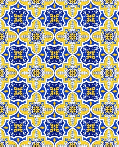 Blå og gule azulejo-ornamenter på bomuldslærred - Naturligt dyrkede dekorative motiver i klare farver til syning af individuelle beklædningsgenstande og tilbehør