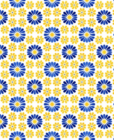 Rib Jersey blå og gule blomster på hvid baggrund