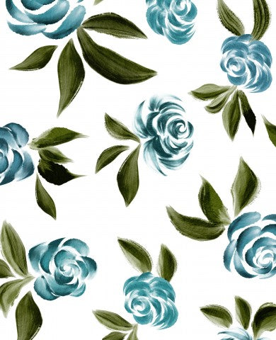 Satin cotton floral pattern with blue and green roses