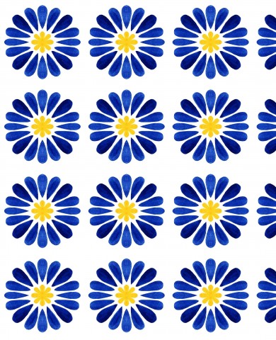 Wasserdichter Stoff ein Muster aus blauen und gelben Blumen auf weißem Hintergrund