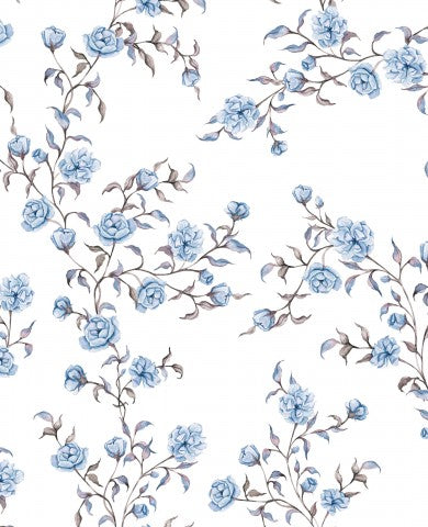 French Terry blauen Blumen auf weißem Hintergrund