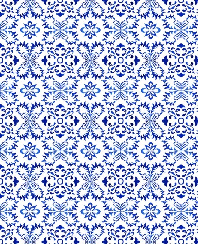 Satin cotton a blue and white pattern with floral motifs