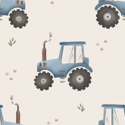 Blå traktor i satinbomull på beige bakgrund