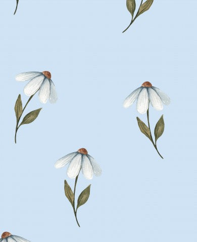 Rib Jersey witte madeliefjes op blauwe achtergrond