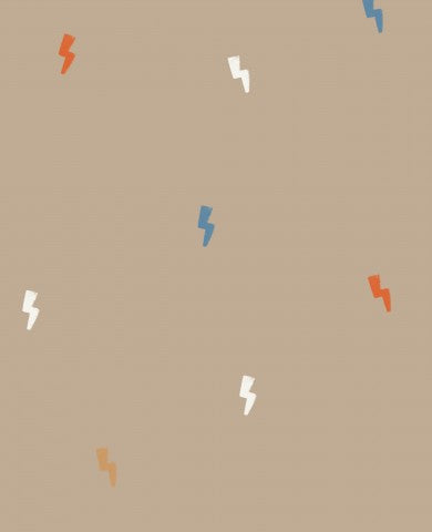 French Terry med et mønster af lyn på en beige baggrund