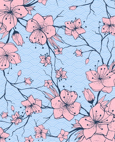 Rib Jersey cherry blossoms on a blue background