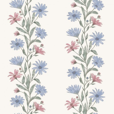 Waterproof fabric floral wallpaper with blue, pink and white flowers