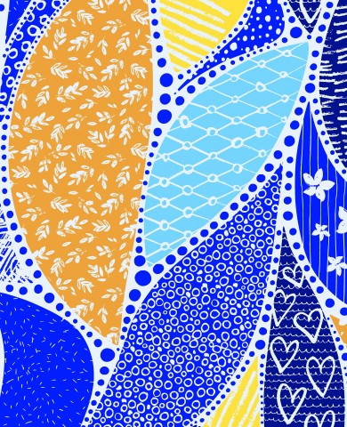 French Terry, un patrón abstracto en los colores azul, amarillo y naranja.