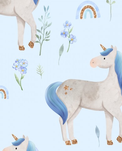 Maxi bomuldsstof i blåt – en magisk blanding af enhjørninger, regnbuer og blomster til unikke designs. Ideel til syning af tøj og accessories.