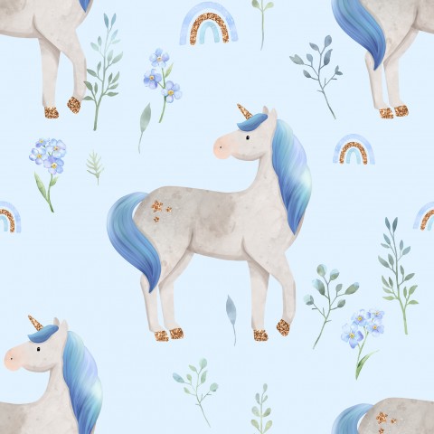 Brauchbares Baumwoll-Canvas fürs Nähen - Blau, unicorn-artige Unschärfe, Regenbogenfarben und Blumenmuster. Ideal für T-Shirts, Taschen & Co.
