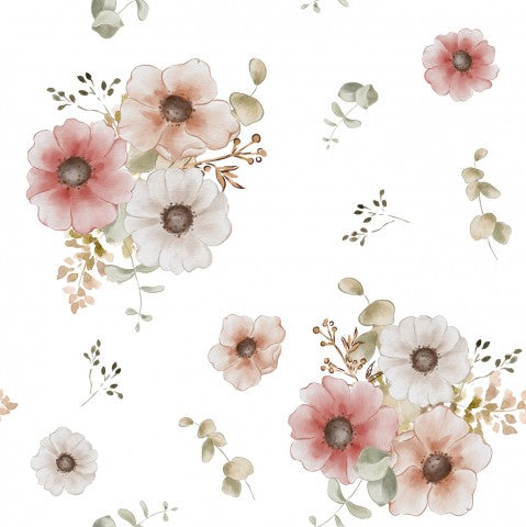 Satin cotton floral pattern with watercolor flowers