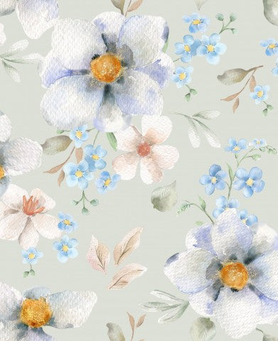 Blomstermønster i satinbomuld med blå og hvide blomster