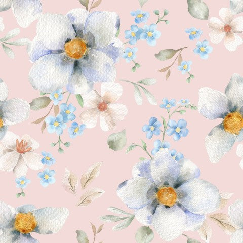 French Terry, et akvarel blomstermønster med blå og hvide blomster