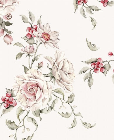 Tessuto impermeabile con motivo floreale, rose e bacche