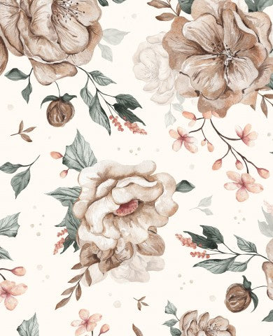 Motivo floreale French Terry con fiori marroni e bianchi