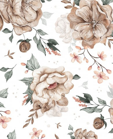 French Terry floral pattern with brown and white flowers