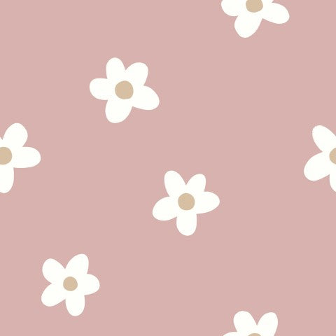 French Terry einen rosa Hintergrund mit weißen Gänseblümchen darauf