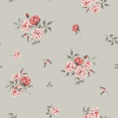 Blomstertapet i satinbomuld med lyserøde roser på grå baggrund