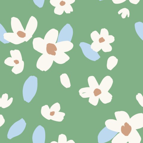 Satinbomuld en grøn baggrund med hvide og blå blomster