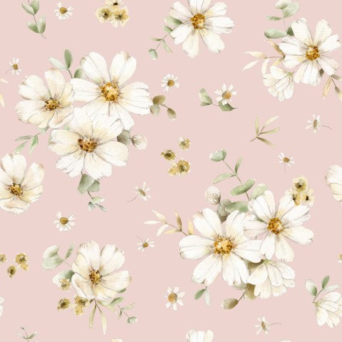 French Terry ett blommönster med vita blommor på en rosa bakgrund