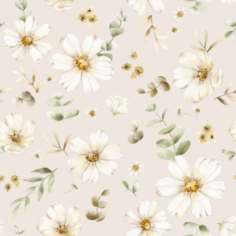 French Terry white flowers and green leaves