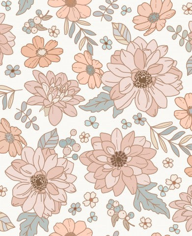 Motivo floreale in cotone satinato con fiori rosa e blu