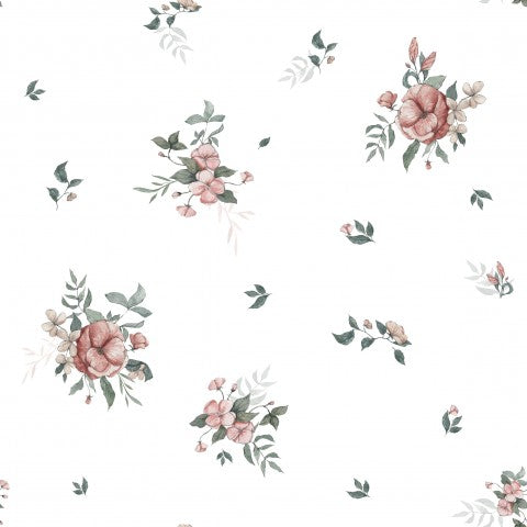 Motivo floreale in raso di cotone con fiori rosa