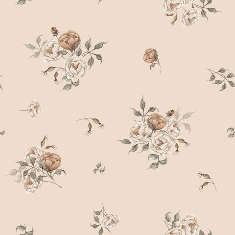Muslin et beige-brunt blomstertapetmønster