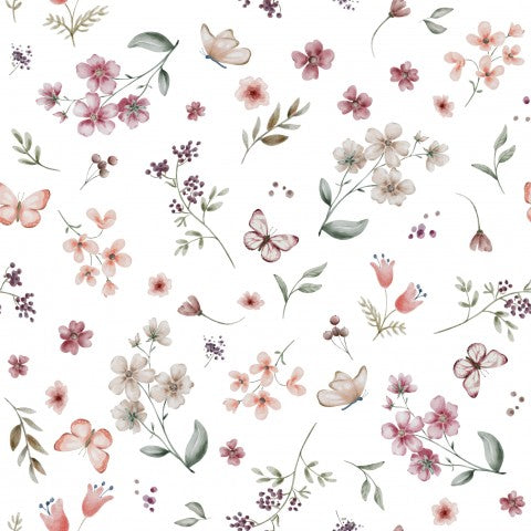 French Terry floral pattern with flowers and butterflies