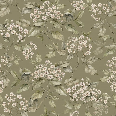 French Terry a floral wallpaper with green leaves and white flowers
