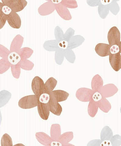 Fiori rosa e marroni in raso di cotone su sfondo bianco