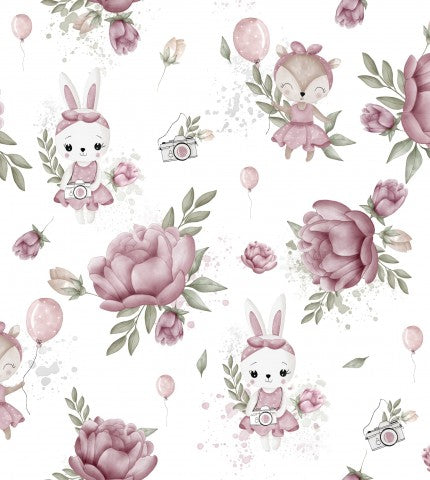 Satin Baumwolle rosa Blumen und Kaninchen