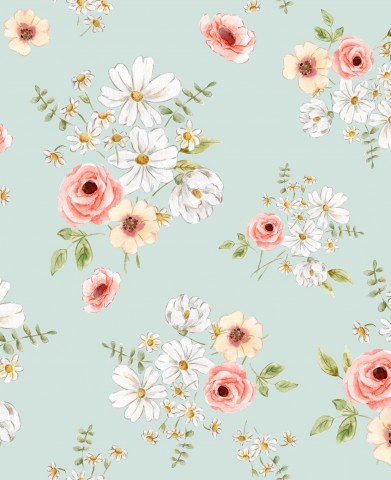 Motivo floreale French Terry con fiori rosa e bianchi
