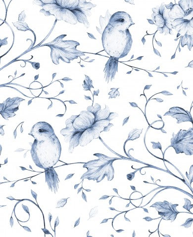 Satin Baumwolle ein blau-weißes Blumenmuster mit Vögeln darauf