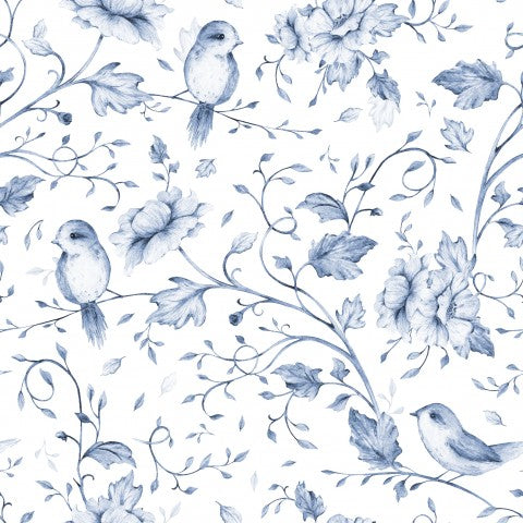 Muslin a blue and white floral pattern with birds and flowers