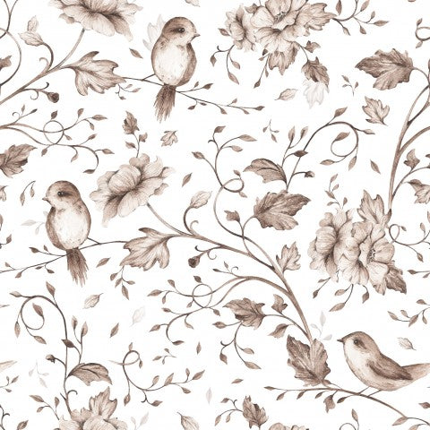 Hvidt bomuldslærredsstof med blomsterprint af fugle - ideelle materialer til syning af tøj og tilbehør, metervarer til alle dine kreative projekter