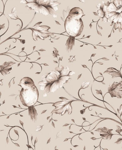 Waterproof fabric birds and flowers on beige background