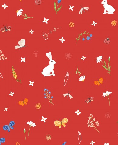 Muslin rabbit and flowers on red background
