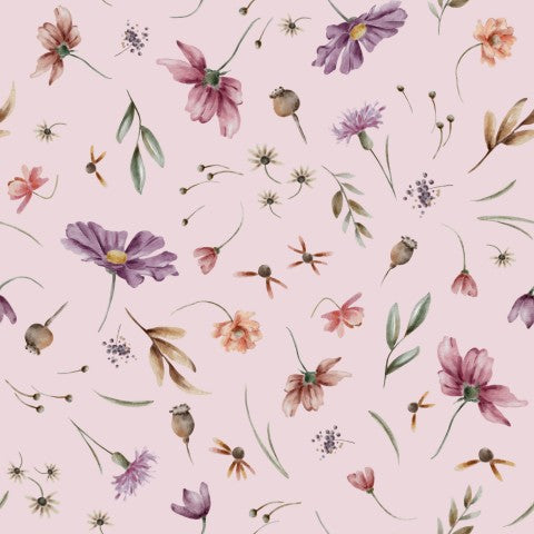 Fiori acquerellati in French Terry su sfondo rosa