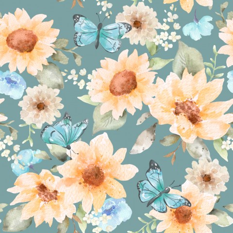 Jersey côtelé à motif aquarelle avec tournesols et papillons