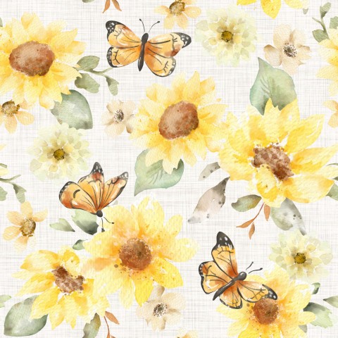 Mousseline à motif aquarelle avec tournesols et papillons