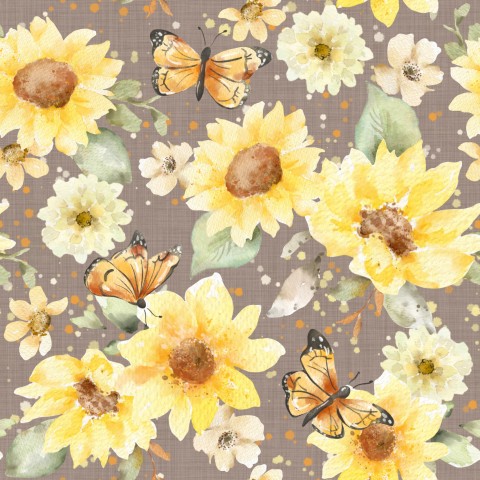 French Terry ein Aquarellmuster mit Sonnenblumen und Schmetterlingen