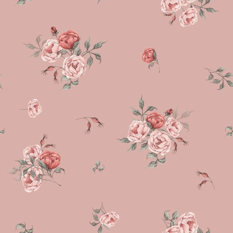 Rib Jersey met een afbeelding van roze rozen op een roze achtergrond