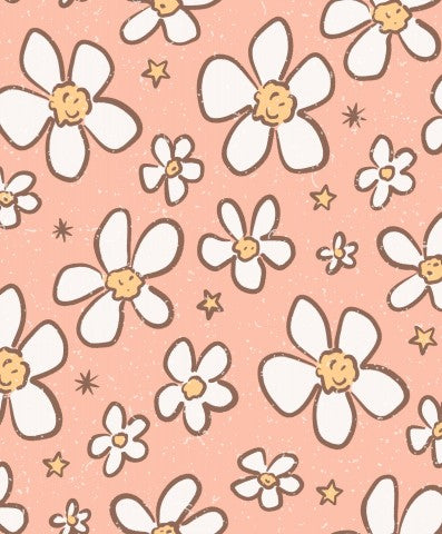 French Terry white daisies on pink background