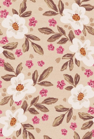 French Terry un motif floral marron et rose sur fond beige
