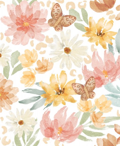 Satinbomuld et akvarel blomstermønster med sommerfugle og blomster